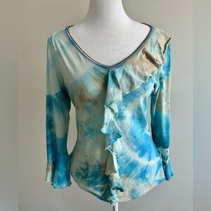 Mermaid Ocean Fairy Ruffle Tie Dye Pima Cotton Blend Blouse Small